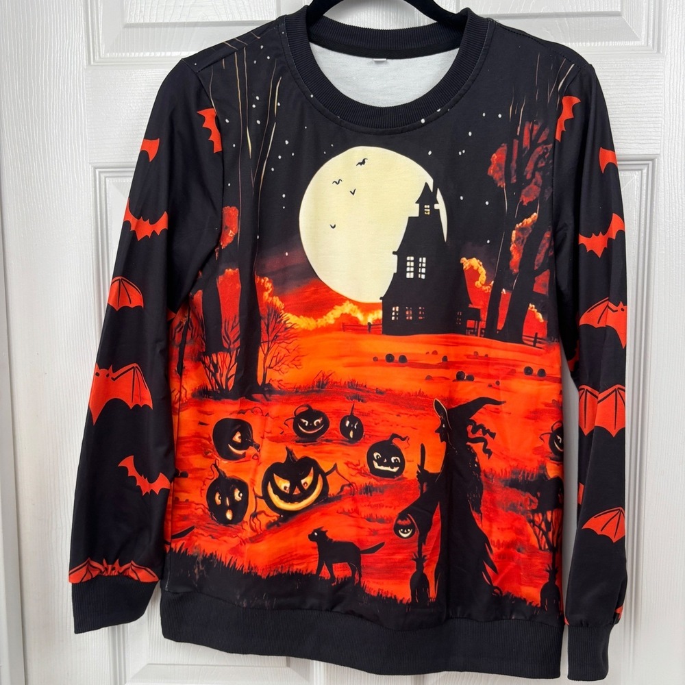 Halloween Haunted House Witch Jack-O-Lantern Sweatshirt Black Orange Small